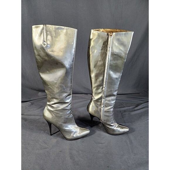 Vintage Giuseppe Zanotti Silver 5' Stiletto Knee High Leather Go-Go Boots 40 - Picture 2 of 9